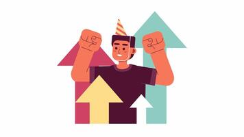 Celebrate your project 2D animation. Happy male winner. Joyful man with rising up arrows 4K video motion graphic. Success in self improvement color animated cartoon flat concept, white background