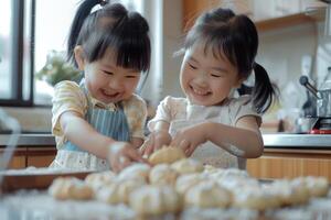 ai generado dos asiático pequeño hermanas sonrisa y preparar galletas juntos en el cocina. foto
