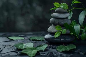 AI generated Stack of dark zen stones and leaves on a dark background with copy space, relax background photo