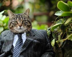 AI generated Boss cat. Cat dressed as a businessman among green bushes photo