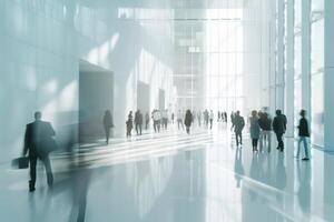 AI generated Abstract hall of a business center with silhouettes of businessmen and businesswomen photo