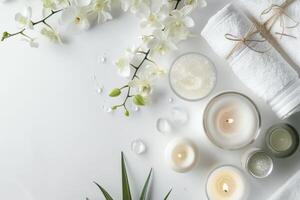 AI generated Spa concept white background, candles, tropical white orchids, towels. photo