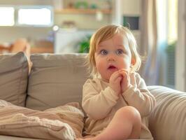 AI generated cute little toddler girl is very surprised, her eyes and mouth are wide open, her hands are clenched. Home beige interior with sofa. photo