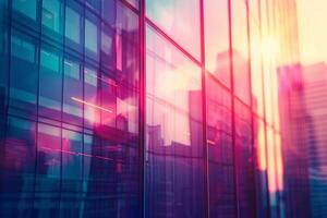 AI generated The glass wall of an office skyscraper reflects the sunrise and the buildings of the metropolis photo