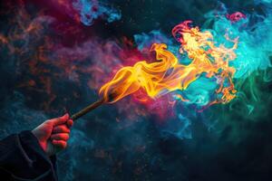 ai generado fuego flameante magia varita mágica envuelto en multicolor fuego y de colores plasma. un fantástico ilustración de magia pasión y inspiración. foto