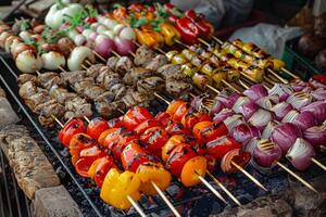 ai generado apetitoso carne brochetas y vegetal brochetas al aire libre. A la parrilla carne foto