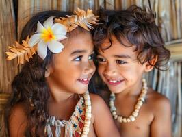 ai generado linda Pareja de linda pequeño isleños niños vistiendo rosario y participación un flor. foto