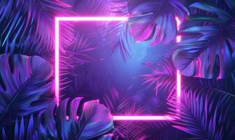 AI generated Neon rectangular frame with tropical leaves photo