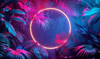 AI generated Neon round frame with tropical leaves photo