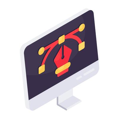 Pen with nodes inside monitor, bezier tool icon