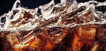 Cola with Ice. Close up of the ice cubes in cola water. Texture of carbonate drink with bubbles in glass. Cola soda and ice splashing fizzing or floating up to top of surface. Cold drink background. photo