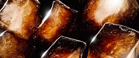 Cola with Ice. Close up of the ice cubes in cola water. Texture of carbonate drink with bubbles in glass. Cola soda and ice splashing fizzing or floating up to top of surface. Cold drink background. photo