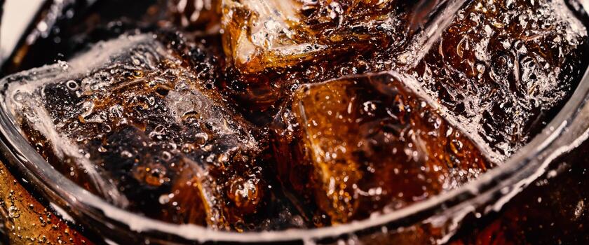 Cola with Ice. Close up of the ice cubes in cola water. Texture of carbonate drink with bubbles in glass. Cola soda and ice splashing fizzing or floating up to top of surface. Cold drink background. photo