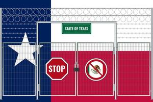 Texas flag behind barbed wire and a fence with a lock. The problem of illegal migration vector