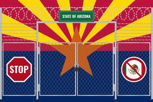 Arizona flag behind barbed wire and a fence with a lock. The problem of illegal migration vector