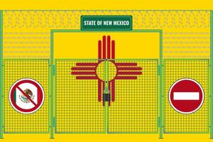 New Mexico flag behind barbed wire and a fence with a lock. The problem of illegal migration vector