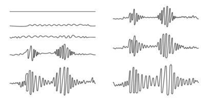 Set sound wave different shape. Continuous one line drawing. Amplitude movement Podcast concept Adjustable black stroke Transparent background. Single outline doodle noise design. Vector illustration.