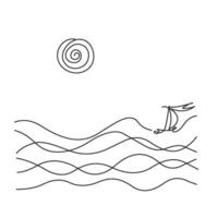 Continuous one line hand drawing. Sea landscape art. Boat in wave. Sun in the clouds sky. Adjustable black stroke Transparent background. Single outline doodle minimalistic design Vector illustration.