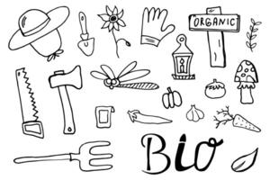 Vector set with hand-drawn isolated doodles on the theme of the garden, garden tools, agriculture