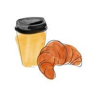 coffee in a disposable cup with a croissant in watercolor style vector