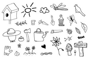 Vector set with hand-drawn isolated doodles on the theme of the garden, garden tools, agriculture