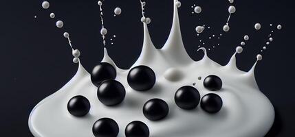 Bubble milk tea with tapioca balls splashing against black background. Taiwan milk tea with Boba or black pearl bubbles. Taiwanese drinking. Orange Latte milktea splash isolated on black. Close up. photo