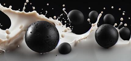 Bubble milk tea with tapioca balls splashing against black background. Taiwan milk tea with Boba or black pearl bubbles. Taiwanese drinking. Orange Latte milktea splash isolated on black. Close up. photo