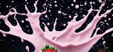 Strawberry milk splashing with strawberry isolated on Black background. Strawberry falling into pink milk or yogurt creamy liquid drink splash. Milky splash with strawberries against black. Close up photo