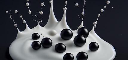 Bubble milk tea with tapioca balls splashing against black background. Taiwan milk tea with Boba or black pearl bubbles. Taiwanese drinking. Orange Latte milktea splash isolated on black. Close up. photo