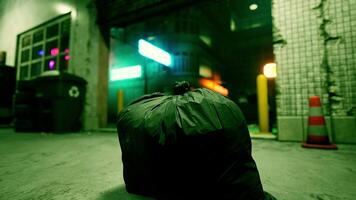 A garbage bag sitting on the ground in front of a building video