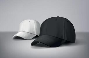 Black and white baseball caps mock up in gray background, front and back or different sides. For branding and advertising. vector