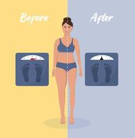 Fat and thin woman weight loss concept. Diet and fitness. Before and after body shape girl measuring slim waist. vector