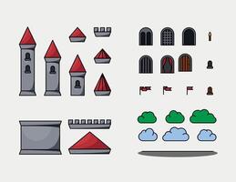 Medieval vector castles icon set. Cartoon fairy tale castle tower icon.