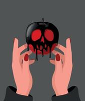 Witch holding poisoned red apple coated in skull poison. Halloween concept. vector