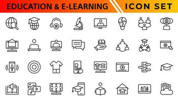 Education and E-learning icon set. Online education icon set. Thin line icons set. Distance learning. Containing video tuition, e-learning, online course, audio course, educational website vector