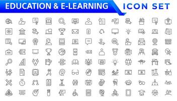 Education and E-learning icon set. Online education icon set. Thin line icons set. Distance learning. Containing video tuition, e-learning, online course, audio course, educational website vector