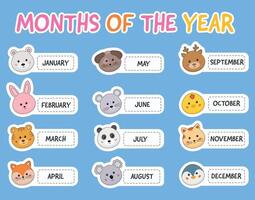 Months of the year. Learning month for kids, educational wall art poster, classroom, educational playroom poster. Lettering stickers with months for planer, scrapbooking, bullet journal. vector