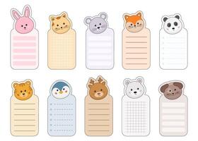 Set of memo pads, notepads with animals faces. Kids notebook, note pads template, sticker, labels, tags paper sheet. Template cover for scrapbooking, journaling, notepaper, markers, school stationery. vector