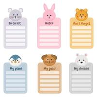 Set of memo pads, square notepads. To do list, my plans, notes page template for preschoolers, kids. Cute animals shape notepads for kids. Notebook page template, stickers, labels, tags paper sheet. vector