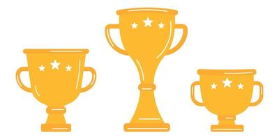 Gold awards, champion cups for winners in sport competitions. Champions awards, prize for first place in competitions. Reward appreciation set. Win, success symbol, icon. vector