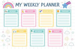 Weekly planner for kids with cute memo pads with rainbows and stars. Printable school timetable. Kids schedule design template. Cute planner for kids. Daily note pads in cartoon style for children. vector