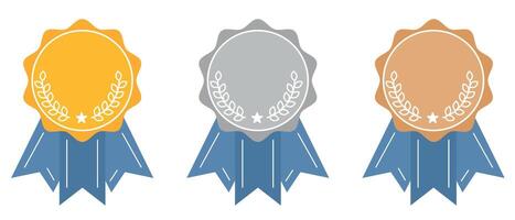 Gold, silver and bronze badges, medals for winners in sport competitions. Champions awards, prize, medal with ribbon for first, second and third place in competitions. Reward, appreciation set. vector