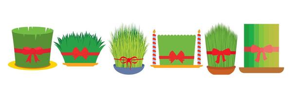 Nowruz holiday grass semeni or semen on plate with red ribbon. Flat color style design vector. vector