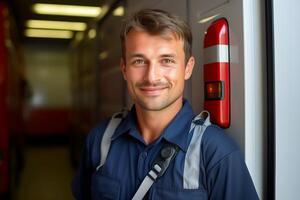 AI generated Joyful Deliveries. Happy Delivery Man at Your Doorstep photo