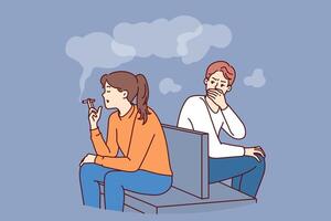 Woman smokes sitting in public place and causes inconvenience to man, making him passive smoker vector