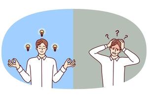 Discouraged man clutching head and meditating guy with light bulbs near face. Vector image