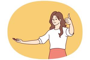 Optimistic woman showing thumbs up approving good choice or recommending something. Vector image