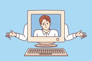 Old computer with disappointed man on screen, as metaphor outdated technologies. vector