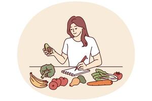 Woman near table with vegetables makes notes counting calories or making plan for new keto diet vector