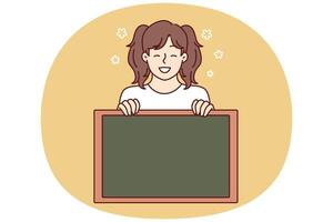 Little girl smiling demonstrates empty chalkboard designed for applying notifications vector